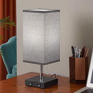 lot 8406 image: Table Lamp for Bedroom, Seealle Grey USB Bedside Lamp with 2 USB Fast Charging Port, 10 Inch Small Nightstand Lamp Desk Lamp with Solid Wood Base Pull Chain Lamp for Bedroom Living Room Guest Room