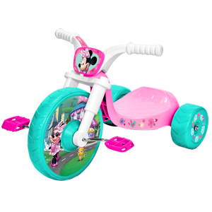 lot 8426 image: Disney Jr Minnie Mouse 10 Inch Fly Wheels Junior Trike in Pink and Green with Sounds