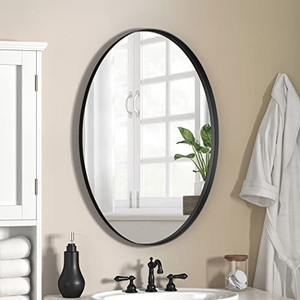 lot 8429 image: NXHOME Oval Metal-Framed Wall Mirror - Bathroom Decorative Wall Mounted Mirror 18�28in Black Clean Vanity Mirror for Living Room Entryway Bedroom