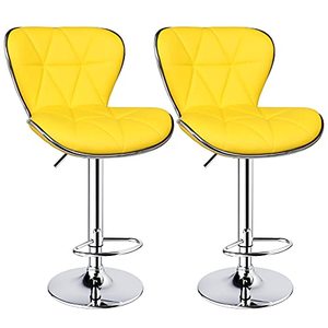lot 8449 image: Leopard Shell Back Adjustable Swivel Bar Stools, PU Leather Padded with Back, Set of 2 (Yellow)