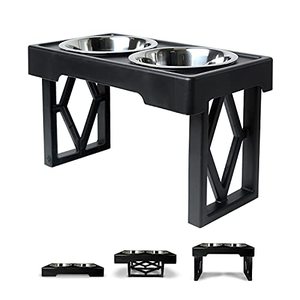 lot 8462 image: Pet Zone Designer Diner Adjustable Elevated Dog Bowls - Adjusts to 3 Heights, 2.75��, 8, & 12 (Raised Dog Dish with Double Stainless Steel Bowls) Black