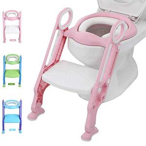 lot 3072 image: Potty Training Toilet Seat with Step Stool Ladder for Kid and Baby, Adjustable Toddler Toilet Training Seat with Soft Anti-Cold Padded Seat, Safe Handles and Non-Slip Wide Steps, Pink White for Girls