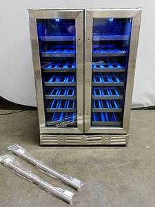 lot 100 image: Kalamera 24, 4.2cu.Ft, 40-Bottle Built-In Wine Cooler - Two Door, Dual Zone Thermostat & Sliding Beech Wood Shelves - Model # KRC-40DZB - Retail $899