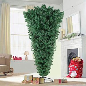 lot 3036 image: AerWo 7ft Upside Down Artificial Christmas Tree with Metal Stand, Green Artificial Pine Tree - 1100 Tips  Retail $150