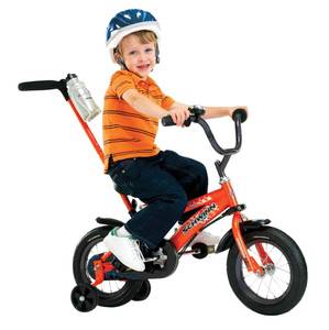 lot 3131 image: Schwinn Orange Grit Steerable Kids Beginner Bicycle, 12-Inch Wheels, Training Wheels, Easily Removed Parent Push Handle w Water Bottle Holder - Retail $169