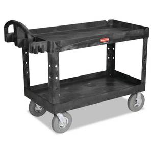 lot 4016 image: Rubbermaid Commercial Heavy-Duty 2-Shelf Utility Cart, TPR Casters, 26w x 55d x 33.25h, Black -RCP4546BLA