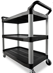 lot 24983 image: Rubbermaid Commercial Products Heavy Duty 3-Shelf Rolling ServiceUtilityPush Cart, 300 lbs. Capacity, Black,