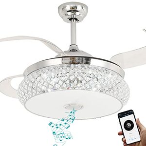 lot 4614 image: BAYSQUIRREL Retractable Invisible Ceiling Fan with Light and Bluetooth Speaker, Modern Bluetooth Fan Chandelier with Remote Control 7 Color Change 36W LED 42 Inch (Chrome)