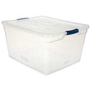 lot 4622 image: Rubbermaid Cleverstore Clear 71 Quart, Stackable Plastic Containers with Durable Latching Lids, Visible Organization, Great for Holiday Decorations and Christmas Storage, 4-Pack