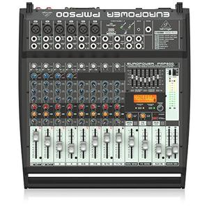 lot 4644 image: BEHRINGER, PMP500 500-Watt 12-Channel Powered Mixer with Klark Teknik Multi-Fx Processor Compressors Black