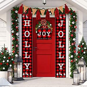 lot 4664 image: Christmas Banner Holly Jolly Banner Decorations Outdoor Indoor, Holly Jolly and Joy Porch Sign, Christmas Buffalo Check Banner for Home Wall Decorations