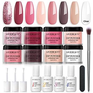lot 4680 image: 17 Pcs Dip Powder Nail Kit Starter, AZUREBEAUTY Nude Pink Glitter 8 Colors Acrylic Dipping Powder System Essential Kit for French Nail Manicure Nail Art Set