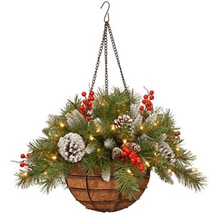 lot 5881 image: National Tree Company Pre-Lit Artificial Christmas Hanging Basket, Frosted Berry, Decorated With Frosted Pine Cones, Berry Clusters, White LED Lights, Christmas Collection, 20 Inches