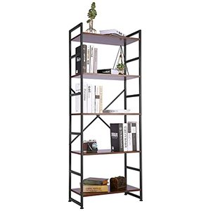 lot 5907 image: Likein 5-Tier Bookshelf, Industrial Wood and Metal Frame Book Shelf, Modern Standing Bookcase Storage Organizer, for Bedroom, Living Room, Office (Rustic Brown)