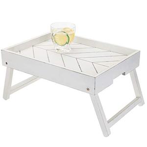 lot 7923 image: MyGift Vintage White Wood Bed Tray with Folding Legs - Foldable Breakfast Table Laptop Desk Kitchen Serving Tray