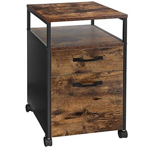 lot 8501 image: VASAGLE Rolling File Cabinet, Mobile Office Cabinet on Wheels, with 2 Drawers, Open Shelf, for A4, Letter Size, Hanging File Folders, Industrial Style, Rustic Brown and Black UOFC71X