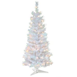 lot 8513 image: National Tree Company Pre-Lit Artificial Christmas Tree, White Tinsel, White Lights, Includes Stand, 4 feet