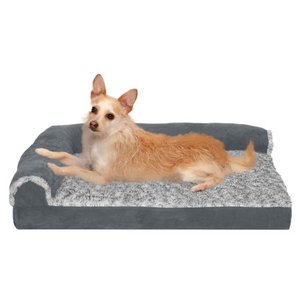 lot 8536 image: FurHaven Pet Dog Bed Deluxe Orthopedic Faux Fur & Suede L-Shaped Chaise Couch Pet Bed for Dogs & Cats, Stone Gray, Medium 20 x 30
