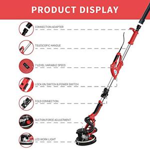 lot 8543 image: YATTICH Drywall Sander, 750W Electric Sander with 12 Pcs Sanding discs, 7 Variable Speed 800-1750 RPM Wall Sander with Extendable Handle, LED Light, Long Dust Hose, Storage Bag and Work Glove, YT-916