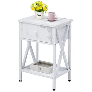 lot 8571 image: VECELO Modern X-Design Night Stand, Versatile Nightstands, End Drawer Storage Shelf Side Table, Black, Marble Wht