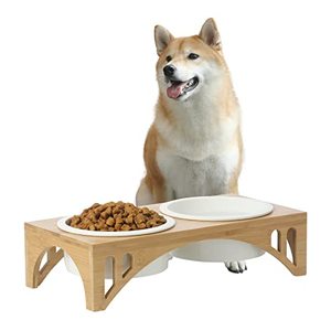 lot 8576 image: FUKUMARU Elevated Dog Ceramic Bowls, 32 OZ Raised Food Feeding Dishes for Large Cats and Medium Dogs, Solid Bamboo Water Food Stand Feeder Set with Anti-Slip Feet
