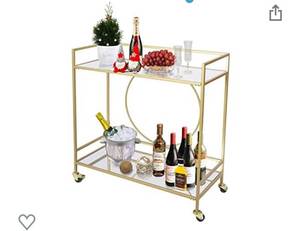 lot 2601 image: Large Gold Rolling Bar Cart with 2 Mirrored Shelves, Wine Drink Trolley Cart with Lockable Wheels