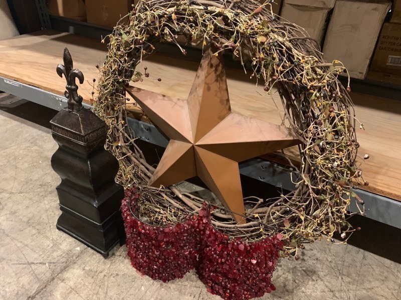 lot 115 image: Decorative Bundle including Star Wreath, Iron Decor Piece, and 2 Wall Candle Lights