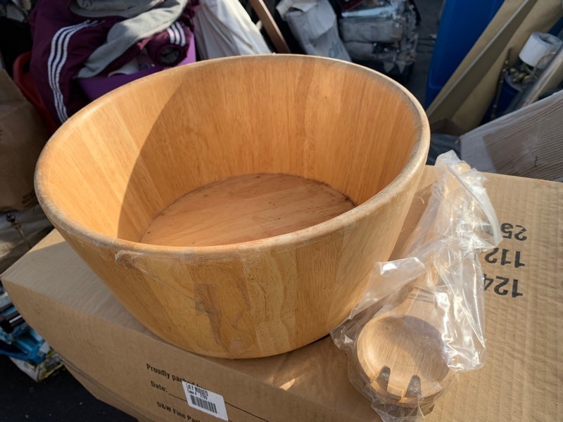 lot 161 image: Heavy Duty Wooden Bowl w 2 Matching Utensils