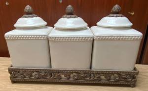 lot 9031 image: Heavy Fancy Kitchen Canister Set with Metal Holder
