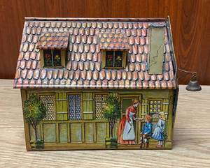lot 9041 image: Vintage 1980s Heinrich Haeberlein German Gingerbread Cottage Tin - w Bell - WOW HTF