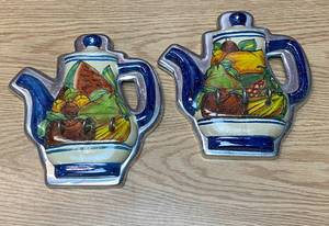 lot 9052 image: Pair of Metal and Ceramic Teapot Wall Hangings - Alba Hen Mex - Awesome style