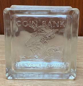 lot 9060 image: Glass Block Coin Bank - Scottish Bag Pipe Player - See Your Savings COOL