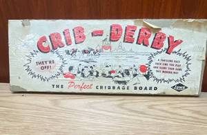 lot 9064 image: Vintage CRIB-DERBY Cribbage Board Game - In original Box See pics
