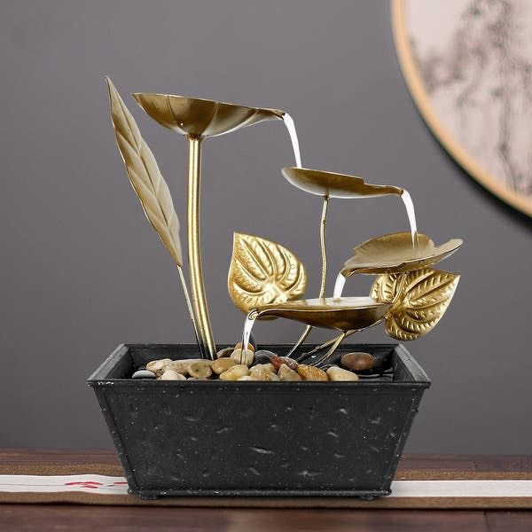 lot 2253 image: Tabletop Fountain Indoor Lotus Leaf Relaxation Fountain for Home Decor - Gold -Retail $45.18