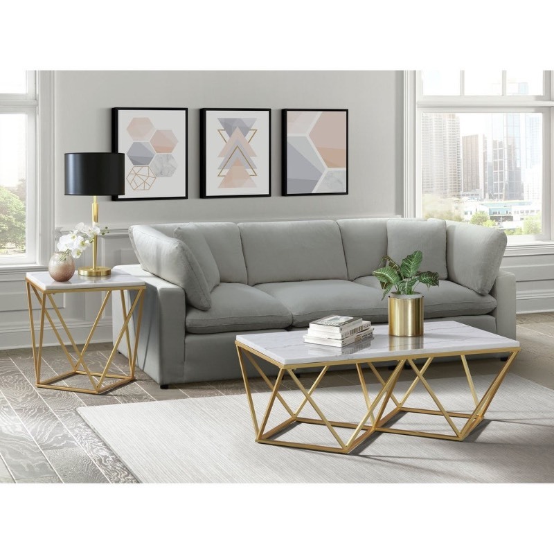 lot 343 image: Picket House Furnishings Conner Occasional Table in Gold-Coffee Table - Marble - White Retail $859.48