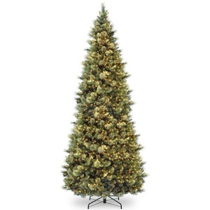 lot 1596 image: National Tree 12 Carolina Pine Slim Wrapped Tree with Flocked Cones & Clear Lights Retail $515.99