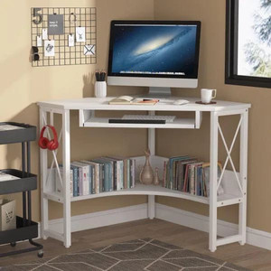 lot 1622 image: Cassey 27.6 in. Wood White Corner Desk, Triangle Desk Corner Writing Desk Laptop Gaming Table with Keyboard Tray -Retail $115.99