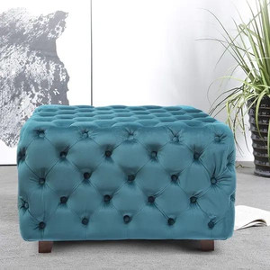 lot 1628 image: Adeco Square Tufted Fabric, Bench Footstool with Wood Legs Ottomans & Storage Ottomans (Blue) Retail $213.99