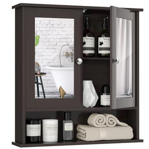 lot 1635 image: Bathroom Wall Mirror Cabinet with Doors and Shelves - Brown Retail $99.99