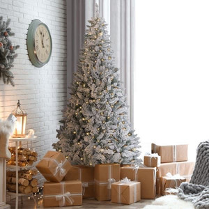 lot 1644 image: Veikous 6FT7.5FT Pre-lit Christmas Tree Snow FlockedArtificial with Lights and Metal Stand Retail$189.99
