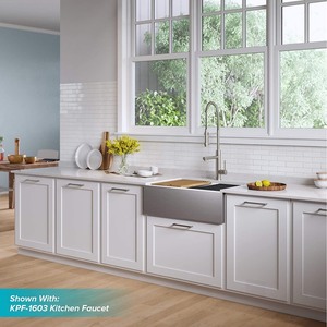 lot 1408 image: KRAUS Kore Workstation 30-inch Farmhouse Flat Apron Front 16 Gauge Single Bowl Stainless Steel Kitchen Sink with Accessories -Retail $449.95