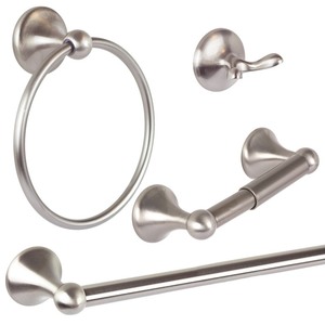 lot 1621 image: BHP Waterfront Series 4 Piece Bathroom Hardware Accessory Set - 24 Towel Bar, Hand Towel Bar, Toilet Paper Holder &amp Robe Hook - Brushed Nickel -Retail $34.60