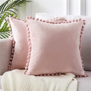 lot 1648 image: Topfinel Pom Pom Fringes Solid Velvet Throw Pillow Cover (Set of 2) 18x18 -Retail $26.59