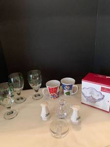 lot 1006 image: Christmas glasses and cups, salt and peppers shakers, glass angels and Mikasa candy dish