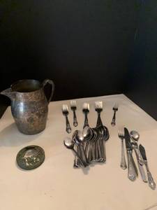 lot 1012 image: Sheffield pitcher and misc flatware