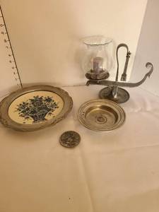 lot 1105 image: Blue delft plate in pewter frame, pewter candlestand with hanging snuffer and more