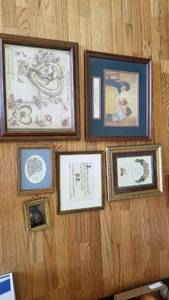 lot 1111 image: Framed prints and cross stitch (largest is 14 x 16)