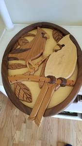 lot 1115 image: Carved wood birds in frame 20 x 14