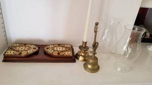 lot 1149 image: Book ends, brass candlestick, brass bell and 2 hurrican shades