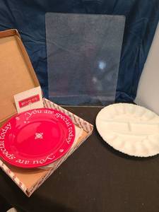 lot 1316 image: Deviled egg plate, red plate, glass cutting board